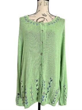 Vintage Icelandic Design Green Silk Long Cardigan Sweater XL Embroidered Floral